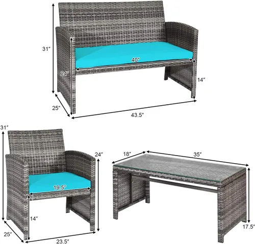 Miniatura 5 de Tangkula Juego de 4 piezas de mimbre para patio, sofás de ratán al aire libre con juego de mesa, juego de muebles de patio con cojines suaves y mesa