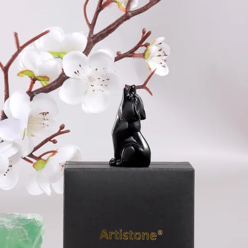 Miniatura 5 de Artistone Estatua de lobo de obsidiana negra de 2 pulgadas, adorno para decoración del hogar, escultura de animales de cristal curativo con caja