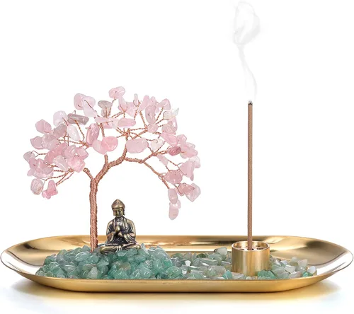 Miniatura 8 de Jovivi Soporte de incienso de cristal para palos, piedra de cristal curativo, árbol de dinero, juego de estatua de Buda, quemador de incienso