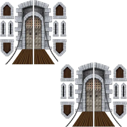 Beistle 18 piezas de accesorios para puertas y ventanas de castillo, de 16 a 64 pulgadas, decoración medieval de plástico impreso para fiestas de