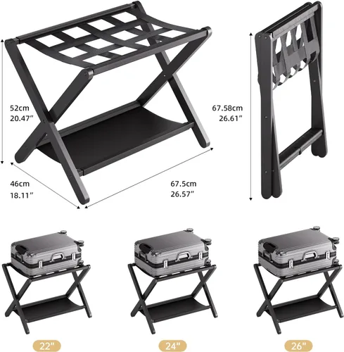 Miniatura 3 de HITNET Portaequipajes para habitación de invitados, soporte de maleta plegable, soporte de equipaje de hotel de bambú con estante de almacenamiento