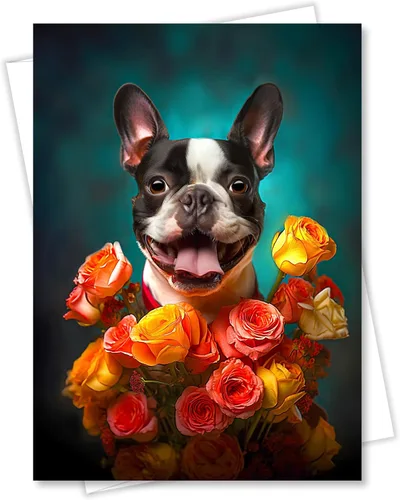 Boston Terrier - Tarjeta de felicitación para todas las ocasiones de la colección Unique Dog Party Delights, grande, 5 x 7 pulgadas, interior en