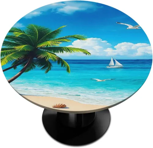 Miniatura 30 de Mantel Redondo con Elástico para Mesa de Playa, Diseño de Estrella de Mar, Cubierta de Mesa Circular, Impermeable, Lavable, de Poliéster, Pequeñas