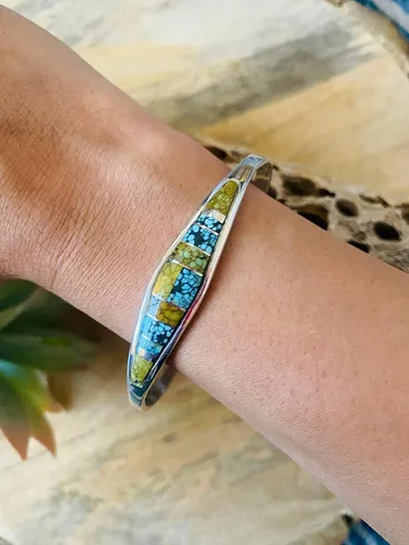 Miniatura 6 de Navajo - Pulsera de plata de ley y luna azul natural con incrustaciones de turquesa, Metal, turquesa