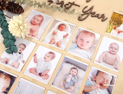 Miniatura 7 de Tablero de fotos de madera de un año, tablero de hitos del mes del primer año, decoraciones de primer cumpleaños para niña/niño, pancarta de 12 meses
