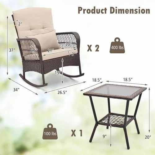 Miniatura 3 de ORALNER Juego de 3 mecedoras de mimbre para muebles de patio, sillas mecedoras para exteriores con cojines, almohadas, mesa de centro de cristal