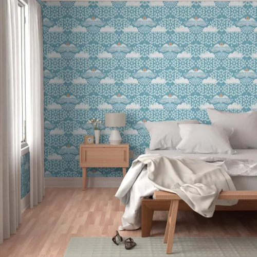 Miniatura 5 de Removable Wallpaper Swatch - Blue Sky Folk Art Orange Aqua Maximalist Magic Lucid Dreaming Scandi Scandinavian Mystical Large Custom Pre-Pasted