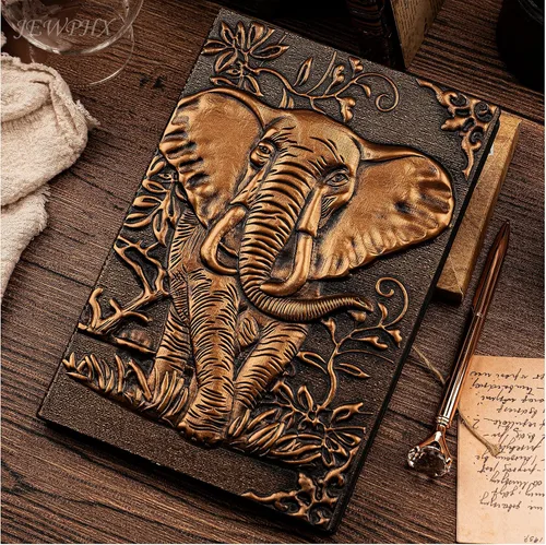 Miniatura 5 de Diario de Cuero Vintage con Elefante 3D con Juego de Bolígrafos, Libreta Diaria de Cuero Antiguo Hecha a Mano, Cuaderno de Bocetos, Diario de Viaje