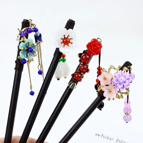 Miniatura 8 de inSowni 8 piezas vintage retro asiático, japonés, chino, tradicional, Hanfu con flores de madera con colgantes de cuentas, horquillas