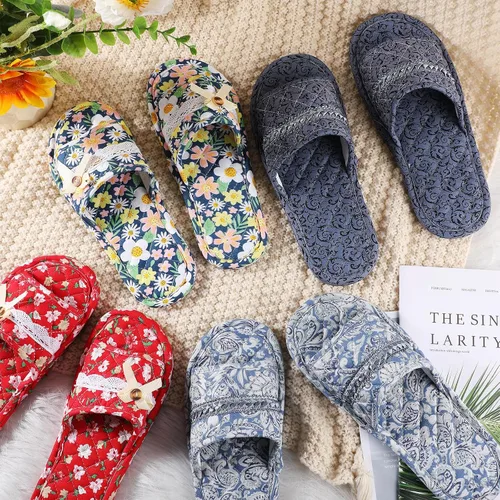 Miniatura 6 de Chuarry 10 pares de pantuflas de algodón floral para invitadas, mujeres, lavables, de algodón, con puntera abierta, para hotel, viajes, avión, spa