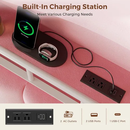 Miniatura 6 de Base de cama LED individual con cabecera de almacenamiento y 2 cajones de almacenamiento, cama tapizada de terciopelo princesa con diseño de Rosa