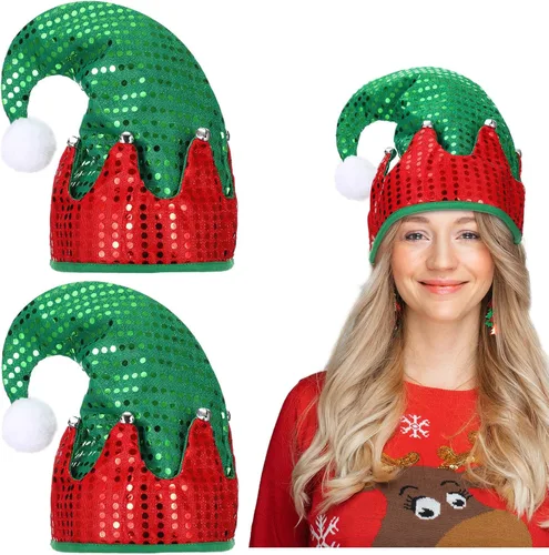 Panitay 3 sombreros de elfo de Navidad unisex de fieltro de Papá Noel, sombrero de lentejuelas con campanas, sombrero de fieltro brillante de