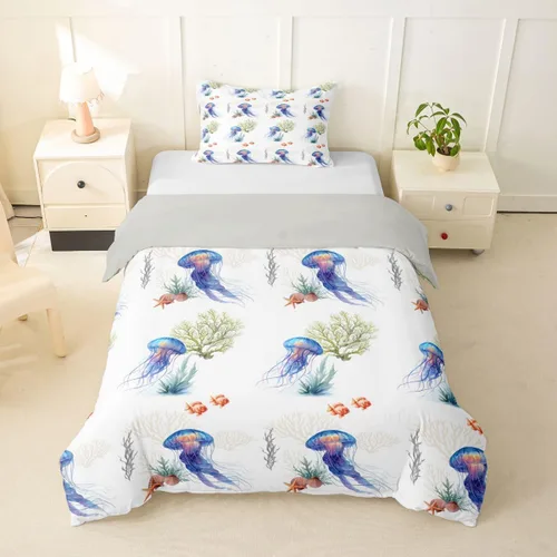 Erosebridal Coastal Twin Bed Sets for Girls Boys Kids, Blue Jellyfish Fish 2Pcs Duvet Cover with Zipper, Ocean Beach Themed Seashell Bedding Set,