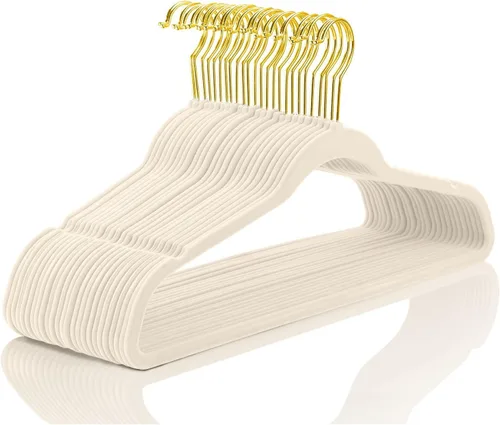 Miniatura 9 de MIZGI Perchas de terciopelo prémium (paquete de 50) resistentes y antideslizantes, perchas de terciopelo rosa rubor - ganchos dorados, perchas