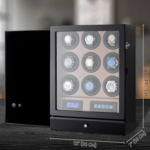 Miniatura 7 de Enrollador de 9 relojes con retroiluminación LED, control remoto, pantalla LCD y 2 compartimentos de almacenamiento para relojes, negro + marrón