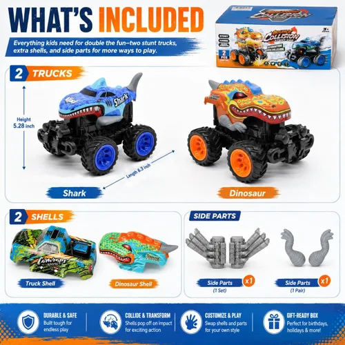 Miniatura 7 de Paquete de 2 camiones monstruos explosivos para niños de 4 a 7 años, dinosaurios y tiburones, autos de juguete con música, regalos de cumpleaños