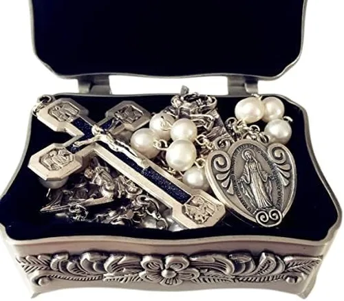 elegantmedical Stations of the Cross - Rosario de oración con perlas blancas reales, caja de regalo católica, Perla