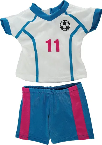 Miniatura 4 de American Fashion World Uniforme de fútbol rosa y azul para muñecas de 18 pulgadas Juego de 6 piezas Calidad premium y diseño moderno Ropa