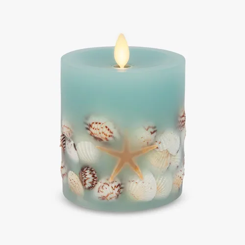 Miniatura 9 de Luminara Vela LED sin llama, de cambray suave, incrustada en concha y estrella de mar, pilar de llama móvil, cera real sin perfume con borde