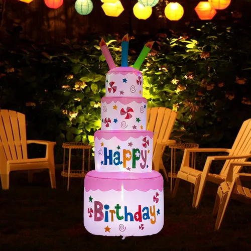 Miniatura 3 de AJY Pastel inflable de feliz cumpleaños de 6 pies con vela, decoración de césped para interiores y exteriores
