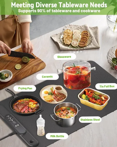 Miniatura 5 de Bandeja eléctrica para calentar alimentos: almohadilla térmica de silicona YTLAD con 6 niveles de temperatura ajustable y temporizador de 5 horas