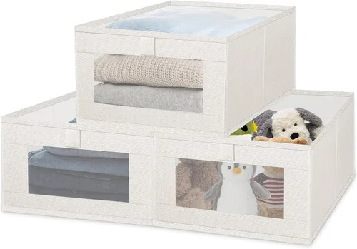 Paquete de 3 cestas organizadoras de almacenamiento de lino - cestas de almacenamiento para armario de tela plegables con ventana transparente para