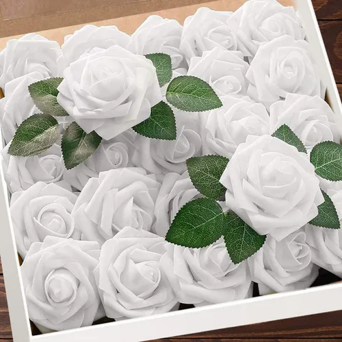 Higfra Flores artificiales, 25 unidades, rosas falsas de aspecto real con tallos para ramos de boda, centros de mesa de baby shower, arreglos Blanco