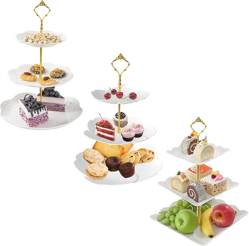 Miniatura 8 de 3 soportes cuadrados blancos para tartas de 3 niveles, bandeja de servir de 3 niveles, soporte para cupcakes, soporte de postre, decoración de mesa