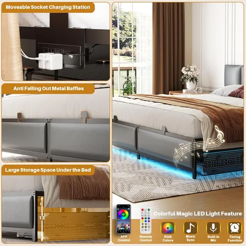Miniatura 6 de Besiost Base de cama tamaño King con cabecera ajustable de 3 alturas, cama de plataforma tapizada de cuero con luz LED y estación de carga, soporte