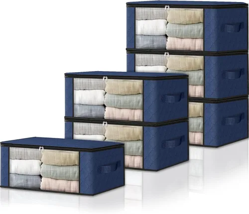 Miniatura 21 de HomeHacks Paquete de 3 bolsas organizadoras de ropa, caja de almacenamiento plegable con gran ventana transparente y asas resistentes para armario