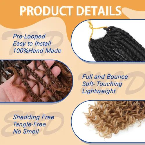 Miniatura 3 de Goddess Box - Trenzas de ganchillo con puntas rizadas de 14 pulgadas, paquete de 8 paquetes, extensiones de cabello sintético preanudado