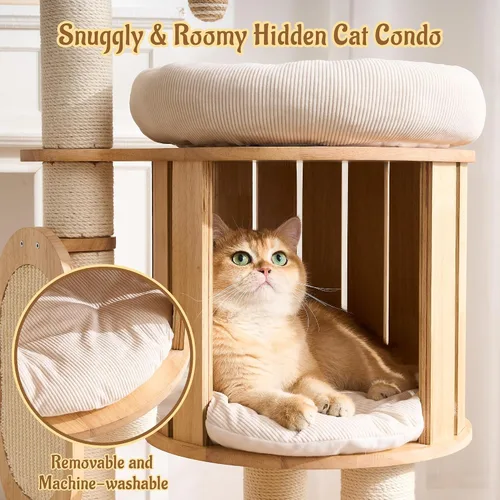 Miniatura 4 de Árbol Moderno de Madera Maciza para Gatos Adultos Grandes de Interior, Torre para Gatos de 50 Pulgadas de Alto con Postes Rascadores de Sisal, 50.0