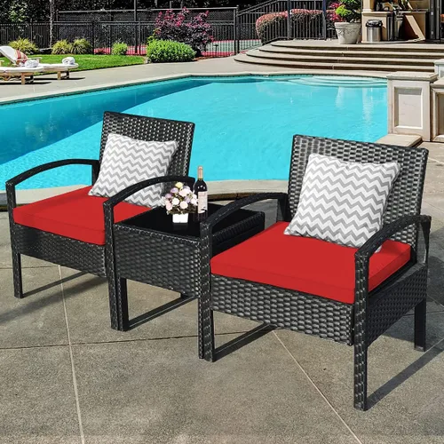 Miniatura 2 de Tangkula Juego de 3 piezas para conversación de patio, juego de sofá de ratán para exteriores con cojines de asiento y mesa auxiliar, juego de Rojo