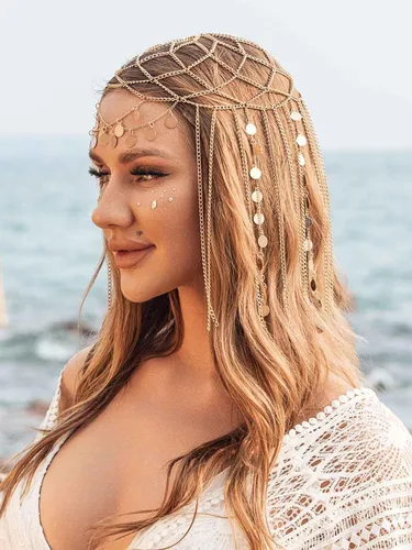 Miniatura 5 de Yean Diadema de lentejuelas doradas para adultos, joyería bohemia para el cabello, borla para festival, disfraz para mujeres y niñas