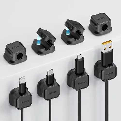 Picozon - Paquete de 8 soportes magnéticos para cables, organizador de cables adhesivos Picozon para teléfono, cargador USB, organizador para