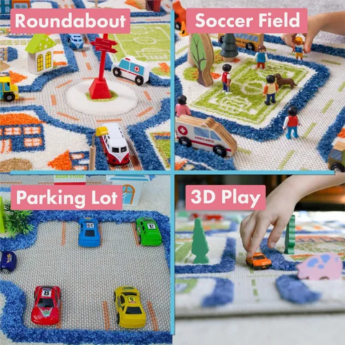 Miniatura 5 de IVI Alfombra de juego gruesa 3D para niños con diseño de ciudad colorida con campo de fútbol, estacionamiento y carreteras, azul, 32 x 45 pulgadas