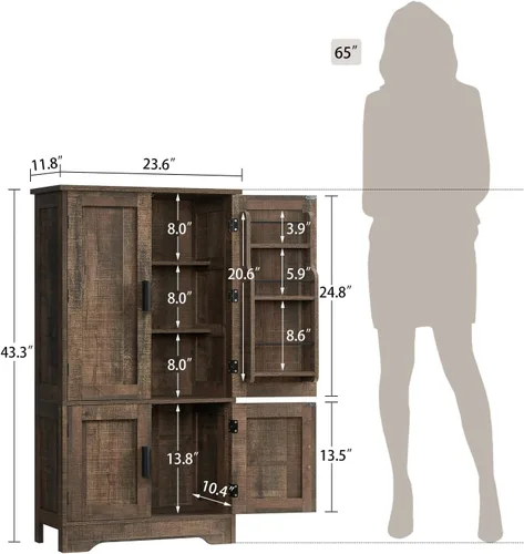 Miniatura 3 de TEENFON Armario de almacenamiento con 4 puertas, armario de cocina de granja de 43.3 pulgadas de alto con 6 estantes de puerta, armarios