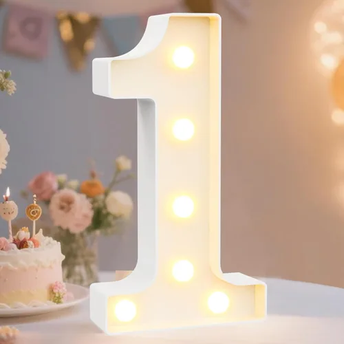 Pooqla - Letras y números decorativos con luces LED, de plástico, para decoración de fiestas y bodas, color blanco, funciona con pilas, número 1