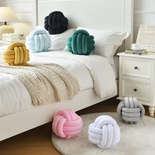 Miniatura 3 de Almohada de nudo suave de felpa, cojín redondo de bola anudada de 8 pulgadas, decoración de nudo negro para dormitorio y sala de estar