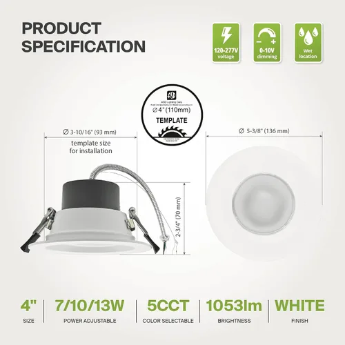 Miniatura 7 de ASD Downlight LED comercial sin lata de 4 pulgadas, iluminación ajustable de potencia de 7/10/13W, lámpara de techo empotrable redonda regulable, 5