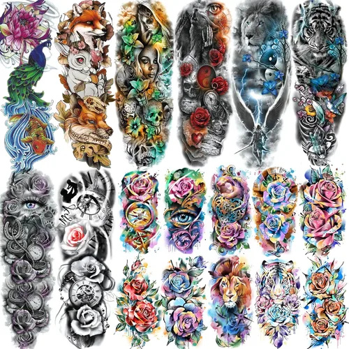 Miniatura 16 de 60 hojas de tatuajes temporales 3D de león y tigre geniales para hombres y mujeres, tatuajes falsos pequeños y aterradores de diablo, calavera