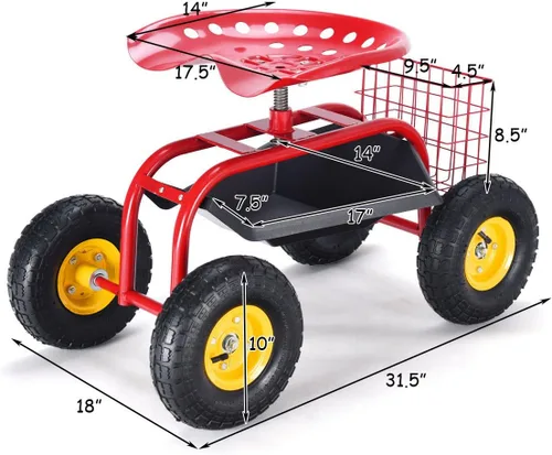 Miniatura 3 de Giantex Asiento de trabajo de jardín rodante, asiento de trabajo de jardinería giratorio 360 con ruedas, cesta de herramientas, altura ajustable