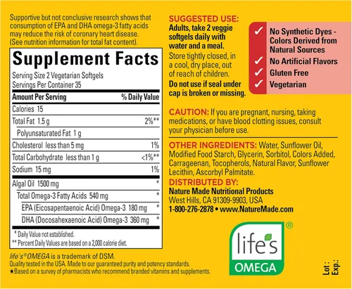 Miniatura 7 de Nature Made - Aceite de algas Omega 3, suplemento 540 mg, alternativa al aceite de pescado Omega 3, 70 cápsulas vegetales blandas, sostenible, a