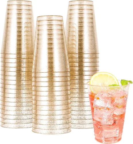 JOLLY CHEF Paquete de 50 vasos de plástico dorados de 14 onzas, vasos de plástico desechables con purpurina dorada, ideales para bodas, Halloween,