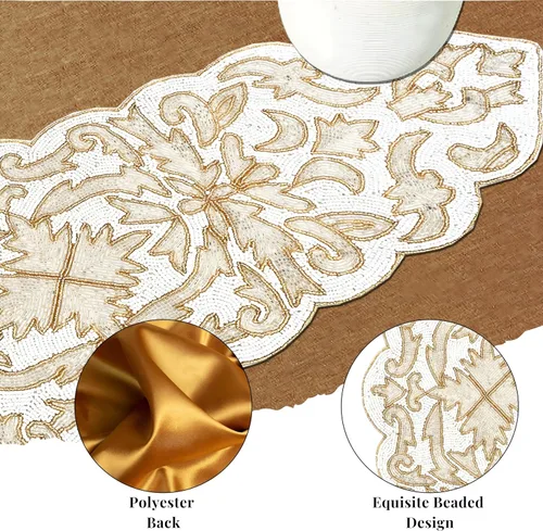 Miniatura 6 de Camino de mesa con cuentas de 13 x 36 pulgadas, elegante centro de mesa de comedor con cuentas de vidrio y parte trasera de poliéster, camino Oro