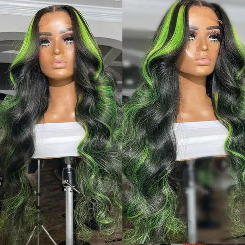 Miniatura 4 de Missyvan - Pelucas de encaje frontal verde para mujeres, ondas corporales, con detalles en negro y verde, tiras de rayas de zorrillo, sin pegamento