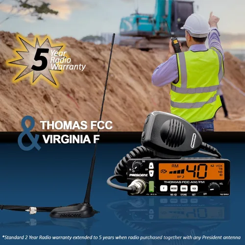 Miniatura 2 de President Kit de radio resistente (HD) con Thomas FCC de 40 canales, radio CB AM/FM de 12/24 voltios y antena de montaje con imán Virginia F