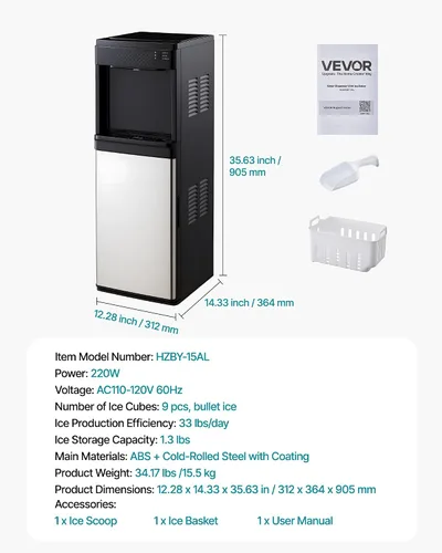 Miniatura 7 de VEVOR Dispensador de agua con máquina de hielo, dispensador de agua de pie 3 en 1, 33 libras/24 horas, 9 cubos/7 minutos de fabricación de hielo