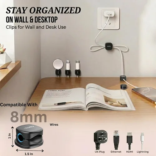 Miniatura 2 de Paquete de 8 clips de resorte para cables [giratorio en 360°, uso con 1 mano], clips adhesivos para cables para mesita de noche, escritorio, pared