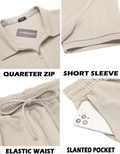 Miniatura 5 de COOFANDY Conjunto de 2 piezas de camisa polo y traje corto para hombre con cremallera de un cuarto para verano